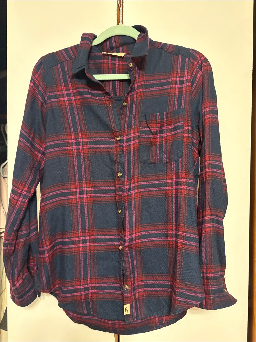 Hollister Y2K Navy Blue and Pink Plaid Button-Down Shirt